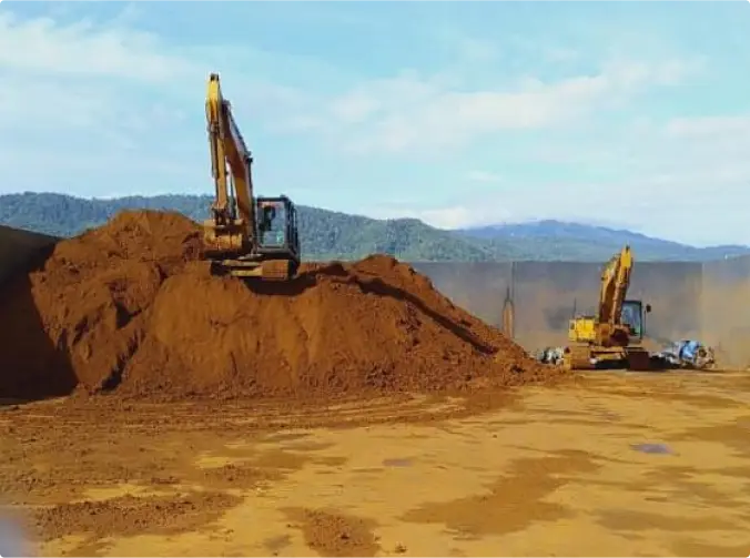 Busy excavators in the middle of a discharging process of nickel ore.